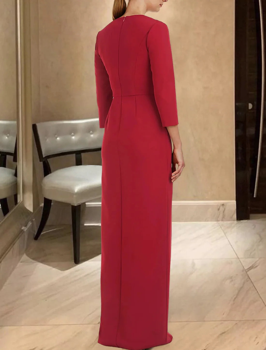 Sheath / Column Evening Gown Elegant Dress Formal Floor Length Long Sleeve V Neck Stretch Fabric with Ruched And Slit