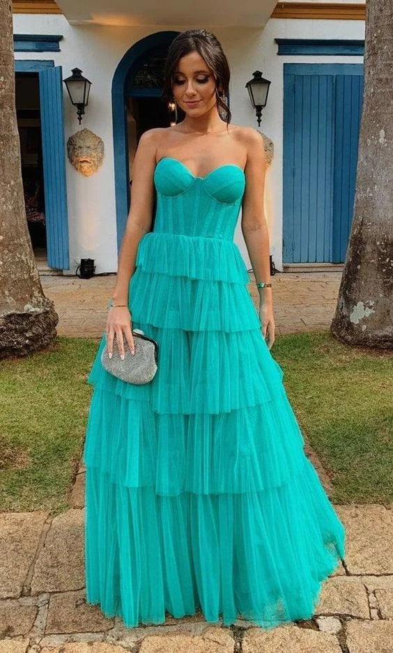 Elegant A Line Strapless Tiered Long Prom Dresses Popular Evening Dresses Charming Wedding Guest Dresses