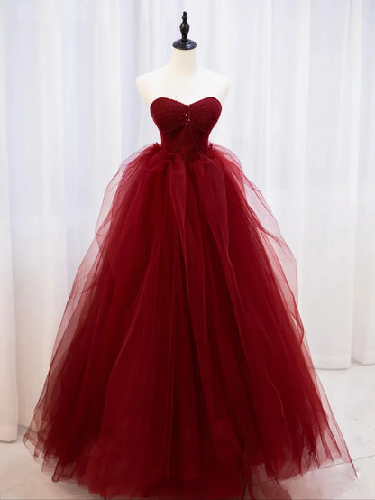 Burgundy sweetheart neck tulle lace beads long prom dress evening dress Off Shoulder december wedding guest dress