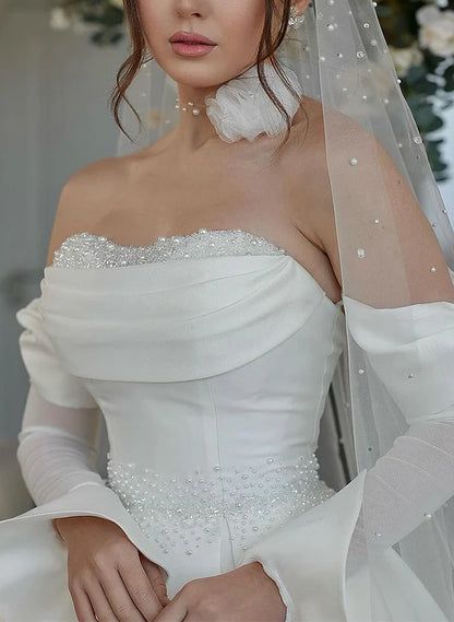 Sweetheart Long Sleeves Silk Like Satin Wedding Dress With Beading Off Shoulder Floor Length Without Neck accessories