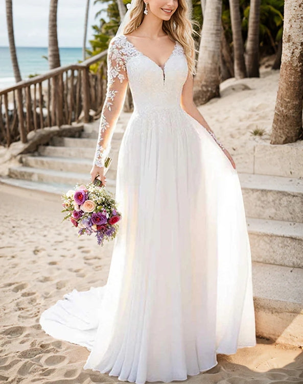 A-Line V-Neck Long Sleeves Chiffon Court Train Wedding Dress With Lace Floor Length Beautiful