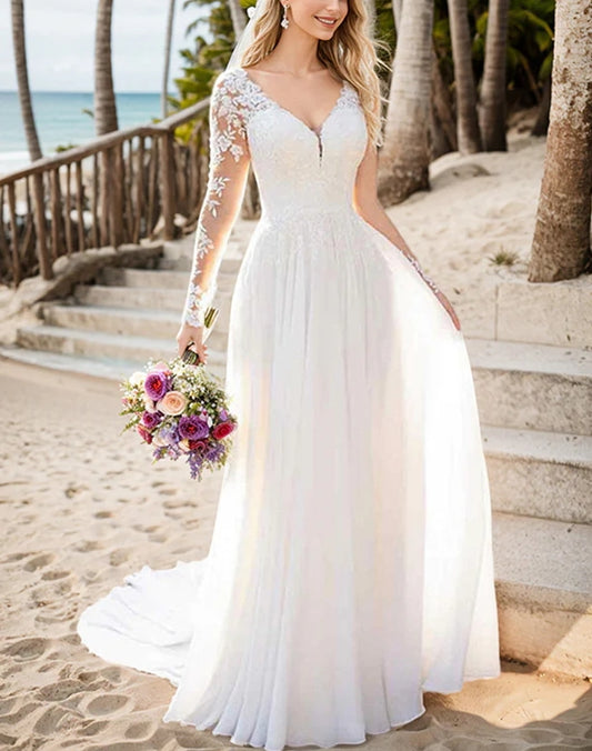 A-Line V-Neck Long Sleeves Chiffon Court Train Wedding Dress With Lace Floor Length Beautiful