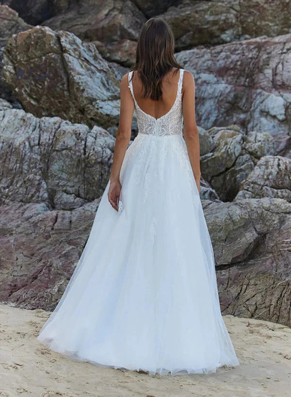 Square Neckline Sleeveless A-Line Tulle Wedding Dresses With Appliques Lace And Slit