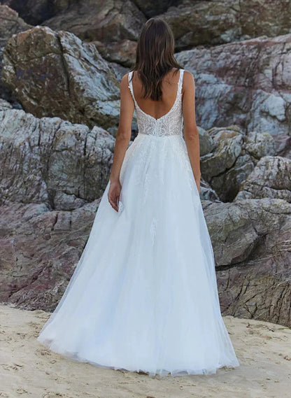 Square Neckline Sleeveless A-Line Tulle Wedding Dresses With Appliques Lace And Slit
