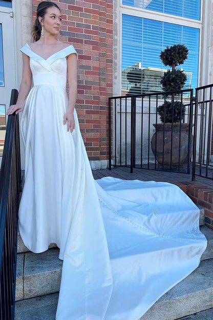 White V-Neck High-Waist A-Line Long Wedding Dress Solid Color Elegant