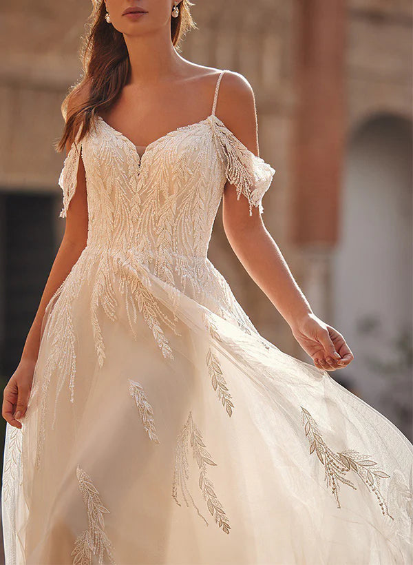 A Line Off-The-Shoulder Tulle Long Wedding Dress With Appliques Lace Elegant Bridal Gown