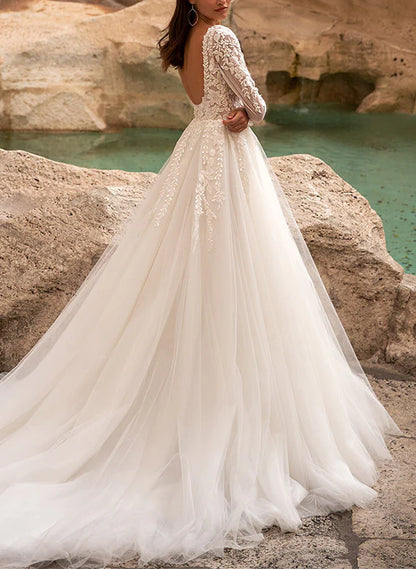 A-Line Square Neckline Tulle Wedding Dresses With Appliques Lace Long Sleeves Elegant