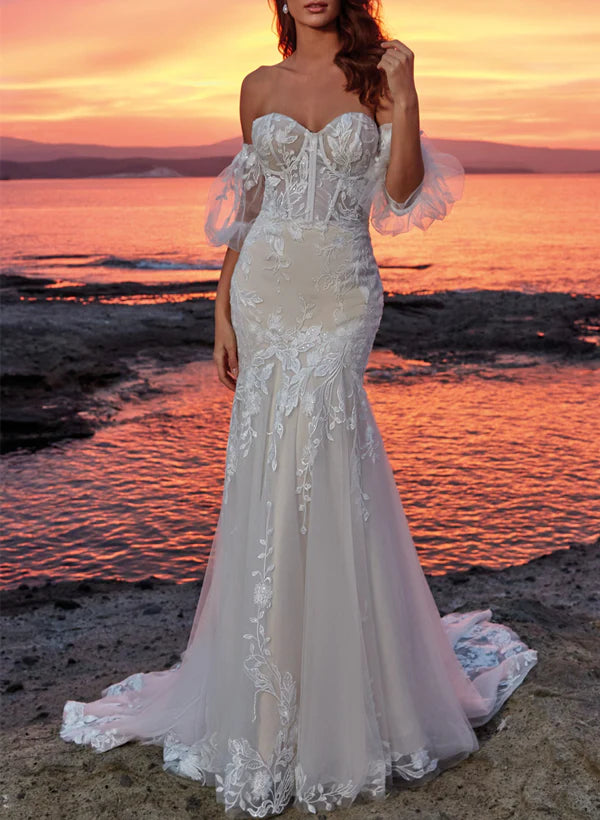 Trumpet Mermaid Sweetheart Short Sleeves Tulle Lace Court Train Wedding Dress With Appliques Lace Off Shoulder Elegant