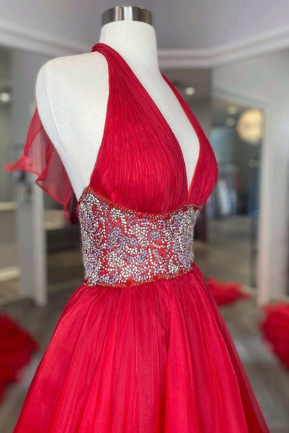 Red Beaded Halter Backless A-Line Long Prom Gown V-neck Prom Dress