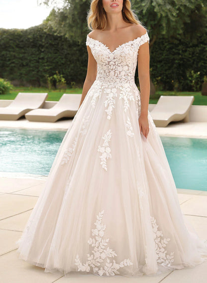 Off-The-Shoulder Ball-Gown Wedding Dresses With Classic Lace Floor Length Elegant