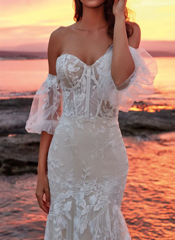 Trumpet Mermaid Sweetheart Short Sleeves Tulle Lace Court Train Wedding Dress With Appliques Lace Off Shoulder Elegant