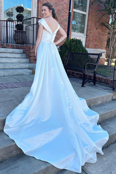 White V-Neck High-Waist A-Line Long Wedding Dress Solid Color Elegant