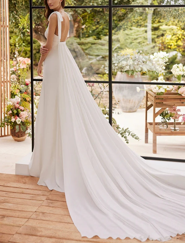 Boho Wedding Dresses With Open Back And Bows Sleeveless Floor Length Simple