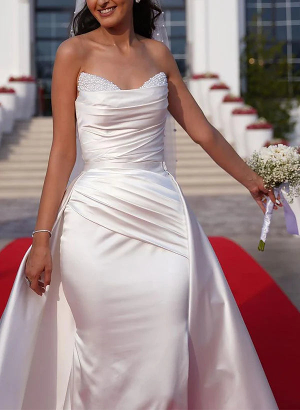 Satin Wedding Dresses With Beading Off Shoulder Floor Length Sheath Elegant