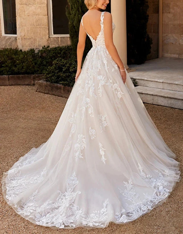 A-Line V-Neck Lace Wedding Dress Sleeveless Floor Length with Appliques Elegant