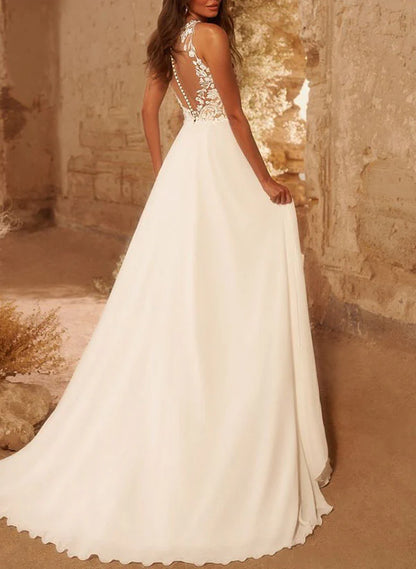 A-Line Scoop Neck Sleeveless Lace Wedding Dresses With Appliques Lace Elegant