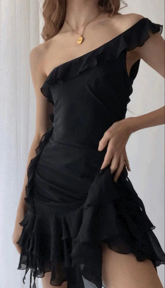 Black One Shoulder Sheath Ruffles Short Party Dress Hoco Dress Formal Dress