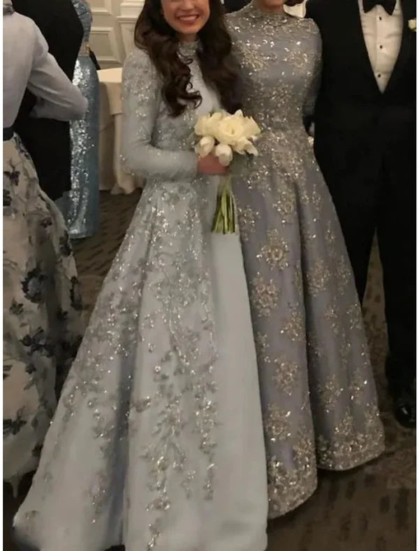 A-Line Mother of the Bride Dress Wedding Guest Elegant Party Luxurious High Neck Floor Length Lace Tulle Sequined Long Sleeve with Lace Sequin Sparkly