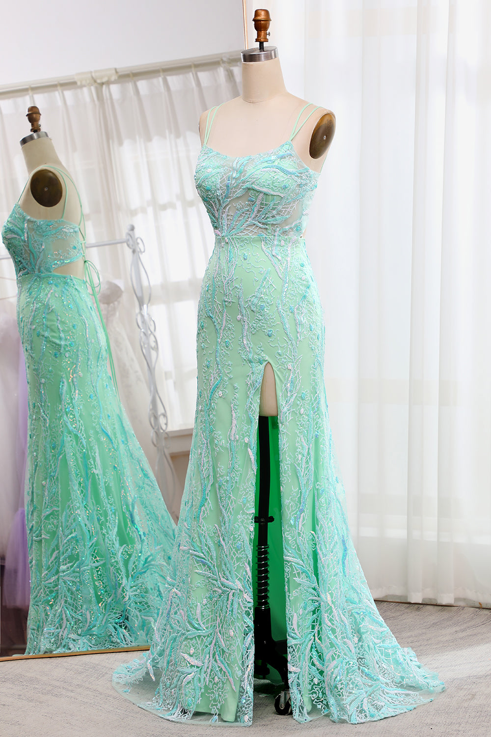 Light Green Mermaid Lace-Up Back Sequins Prom Dress with Slit Beautiful