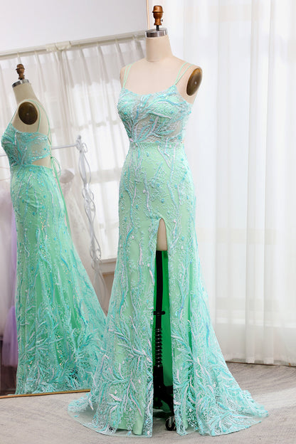 Light Green Mermaid Lace-Up Back Sequins Prom Dress with Slit Beautiful