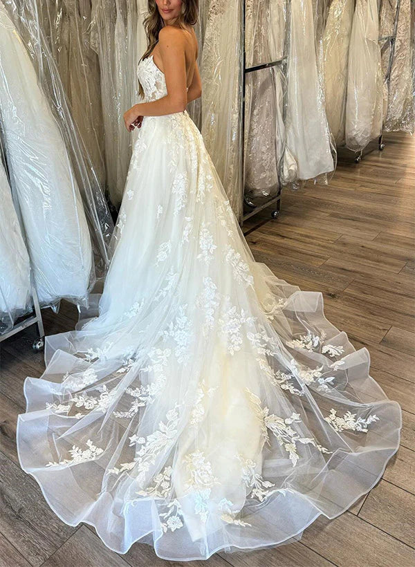 Sweetheart Sleeveless A-Line Court Train Lace/Tulle Wedding Dresses Off Shoulder with Appliques