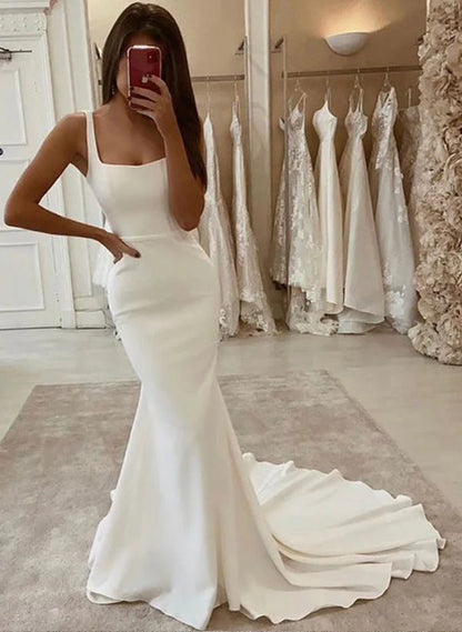 Elastic Satin Wedding Dresses With Mermaid Square Neckline And Sleeveless White Simple