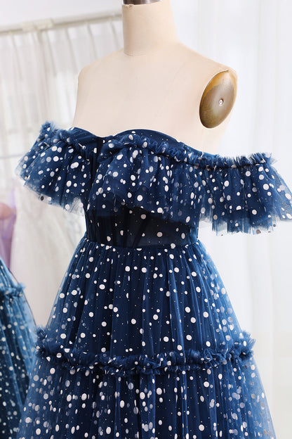 Navy Off The Shoulder Corset Long Tull Prom Dress Floor Length Beautiful