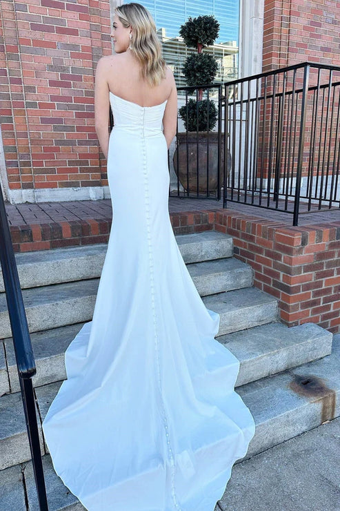 White Satin Strapless Mermaid Long Wedding Dress Off Shoulder Sexy