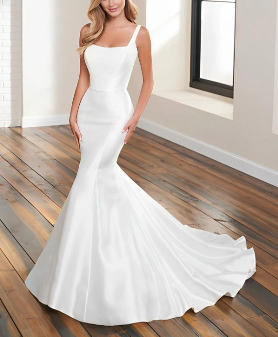 Elastic Satin Mermaid Wedding Dresses With Lace Sleeveless Court Train Square Neckline Simple