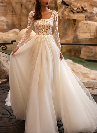 A-Line Square Neckline Tulle Wedding Dresses With Appliques Lace Long Sleeves Elegant