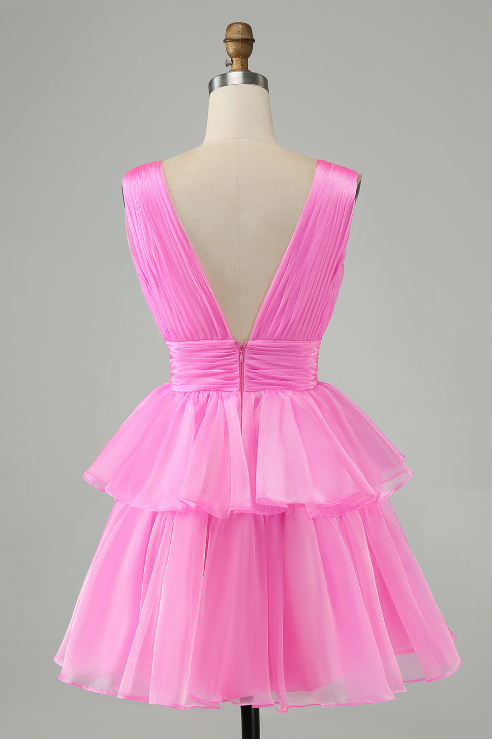 Cute Hot Pink A Line V Neck Backless Pleated Tiered Short Homecoming Dress Beautiful