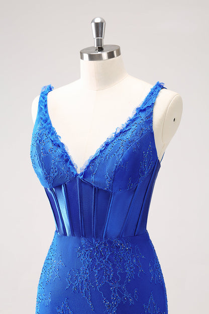 Sparkly Royal Blue Bodycon V Neck Beaded Corset Ruched Homecoming Dress with Lace Up Back Short