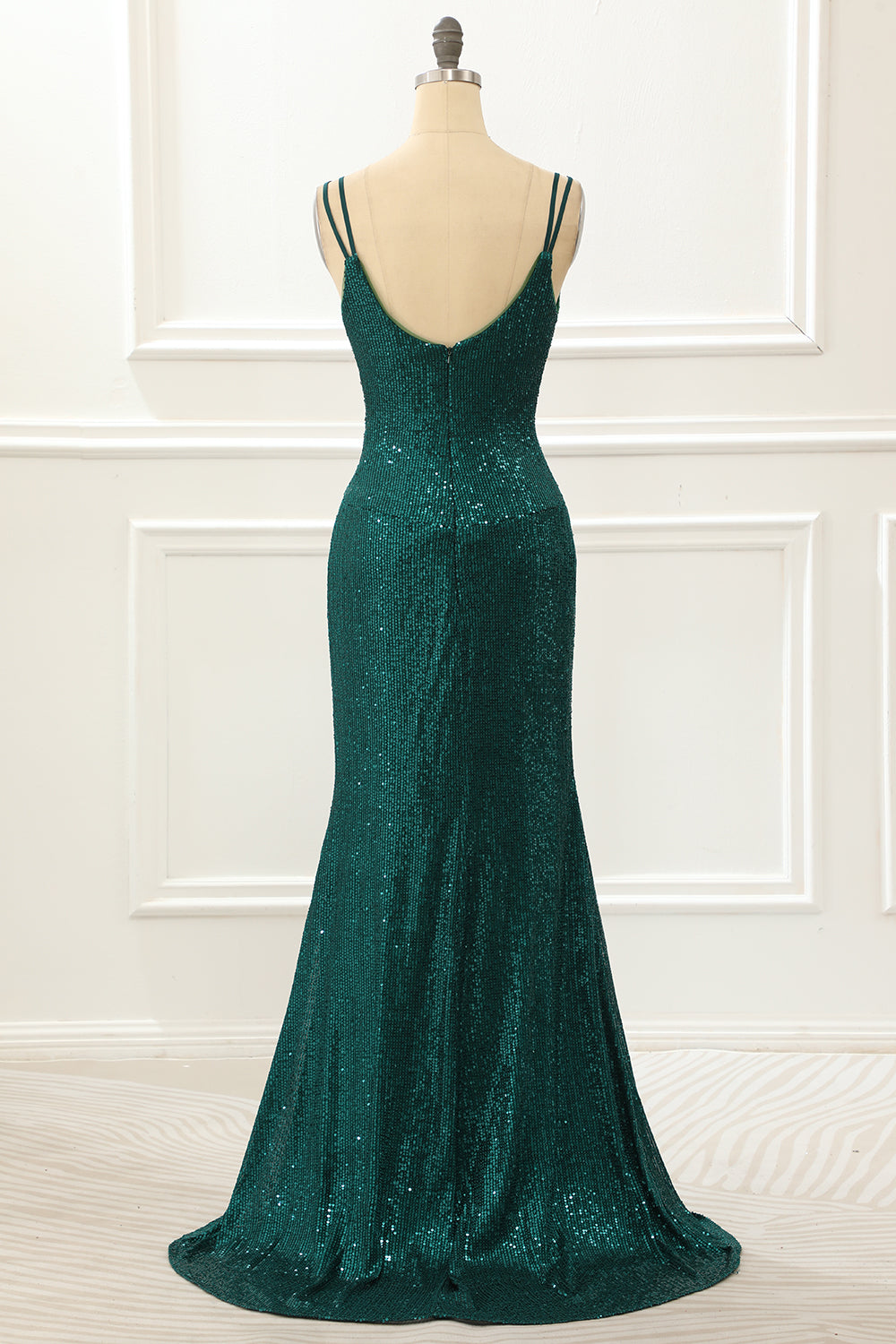 Dark Green Spaghetti Straps Saprkly Prom Dress With Slit V-neck Sexy