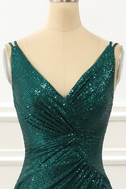 Dark Green Spaghetti Straps Saprkly Prom Dress With Slit V-neck Sexy