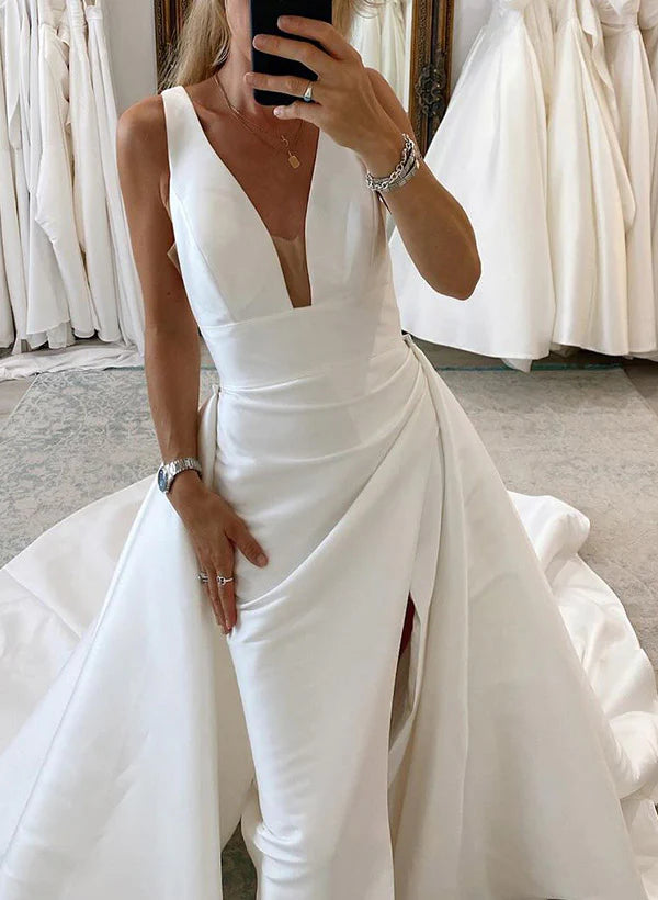 Satin A-Line Wedding Dress With V-Neck Sleeveless Design Sweep Train And High Split Simple