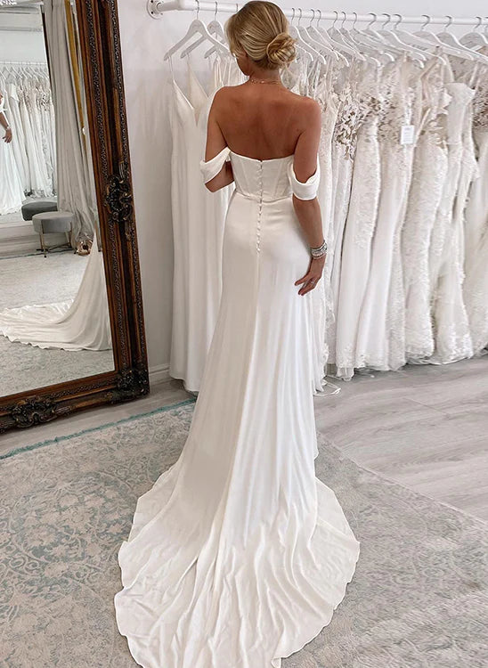 Off-The-Shoulder Slit Wedding Dresses With Sheath/Column Floor Length Solid Color