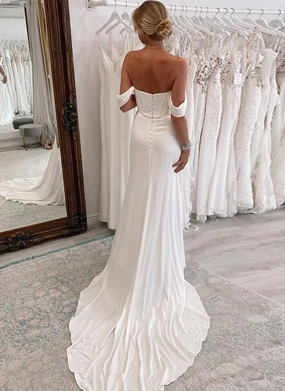 Off-The-Shoulder Slit Wedding Dresses With Sheath/Column Floor Length Solid Color