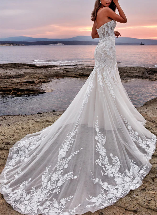 Trumpet Mermaid Sweetheart Short Sleeves Tulle Lace Court Train Wedding Dress With Appliques Lace Off Shoulder Elegant