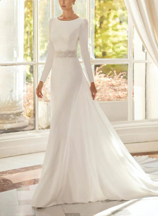 A-Line Scoop Neck Long Sleeves Court Train Elastic Satin Wedding Dresses With Lace Elegant