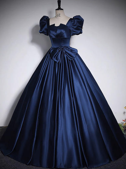 Dark Blue Satin Long Prom Dress Long Evening Dress Short Sleeves Elegant With Bow(s) december wedding guest dress