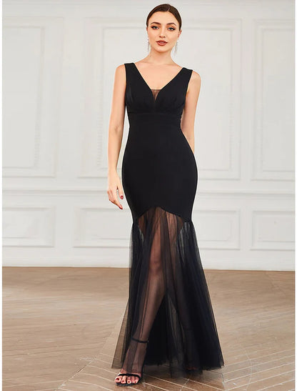 Mermaid / Trumpet Evening Gown Elegant Dress Wedding Guest Formal Evening Floor Length Sleeveless V Neck Tulle V Back with Draping Pure Color Black