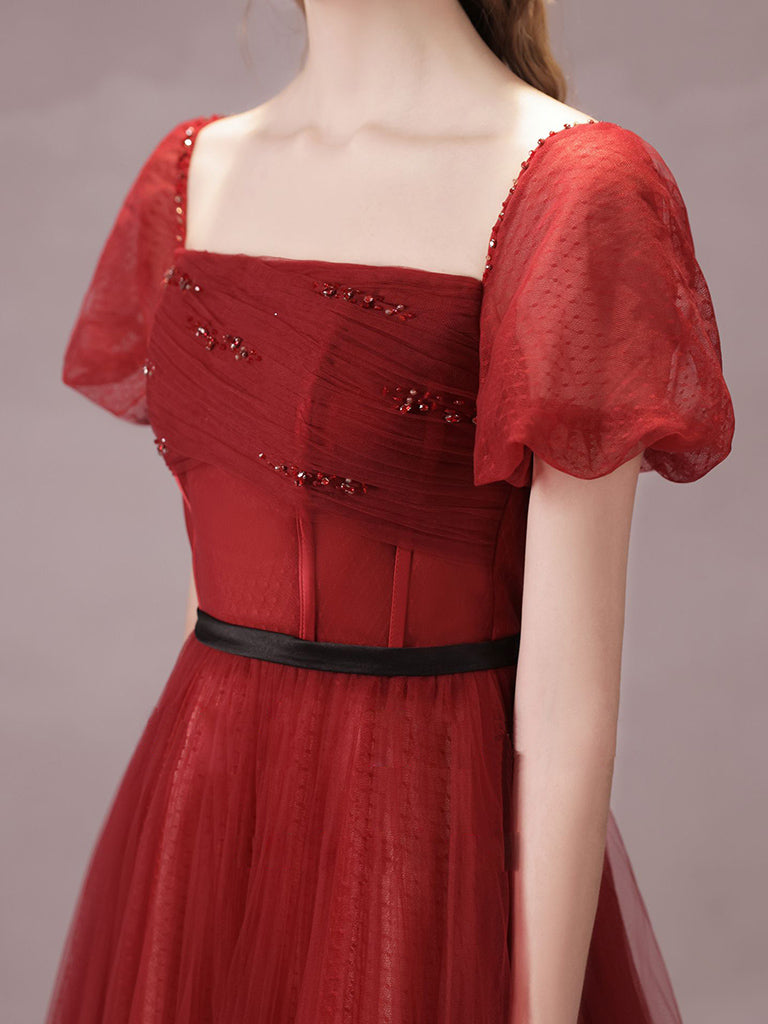 A-Line Burgundy Tulle Tea Length Prom Dress Formal Dress Short Sleeves Elegant Evening Dress december wedding guest dress