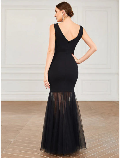 Mermaid / Trumpet Evening Gown Elegant Dress Wedding Guest Formal Evening Floor Length Sleeveless V Neck Tulle V Back with Draping Pure Color Black