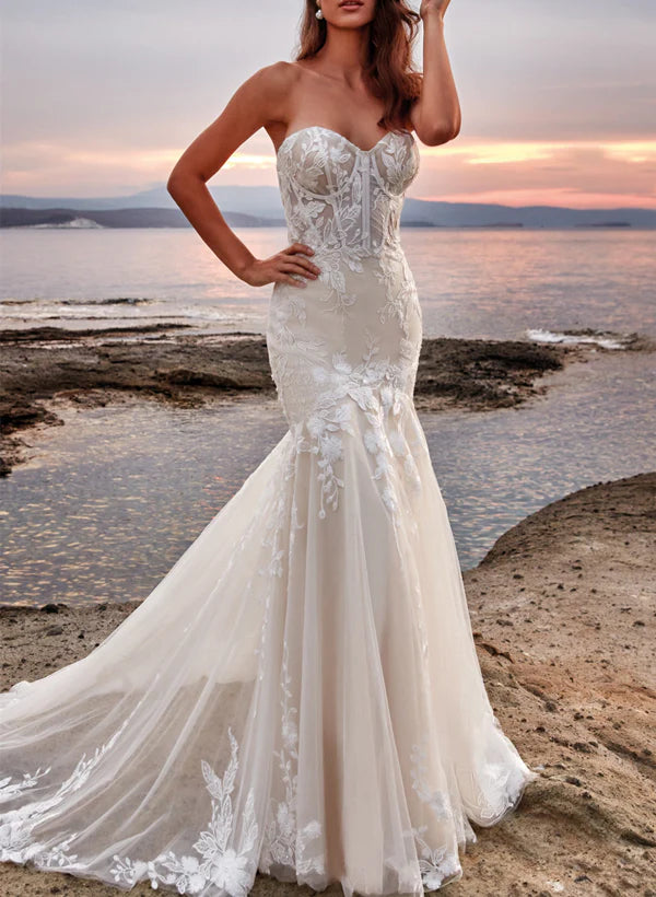 Trumpet Mermaid Sweetheart Short Sleeves Tulle Lace Court Train Wedding Dress With Appliques Lace Off Shoulder Elegant