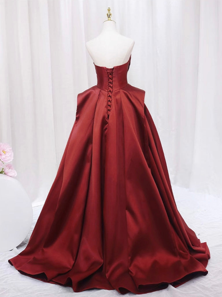 A-Line Satin Burgundy Long Prom Dress Formal Dress Off Shoulder Elegant Evening Dress