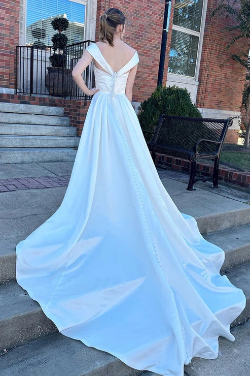 White V-Neck High-Waist A-Line Long Wedding Dress Solid Color Elegant