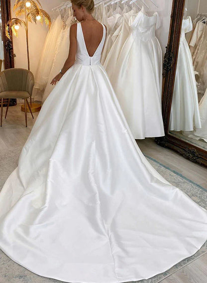 Satin A-Line Wedding Dress With V-Neck Sleeveless Design Sweep Train And High Split Simple