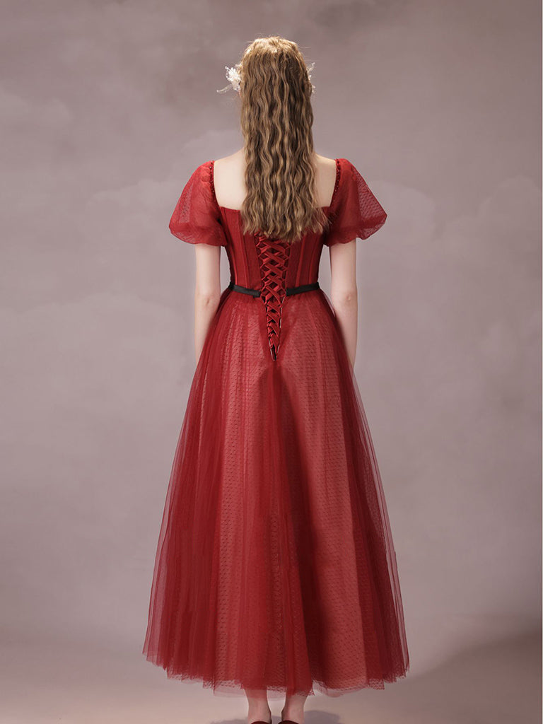 A-Line Burgundy Tulle Tea Length Prom Dress Formal Dress Short Sleeves Elegant Evening Dress december wedding guest dress