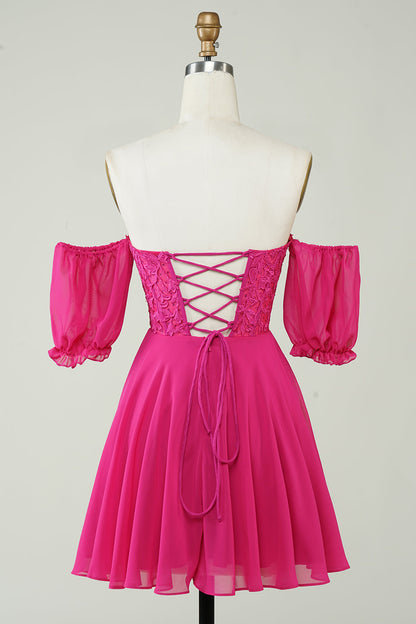 Fuchsia A-Line Corset Chiffon Short Homecoming Dress with Lace Off Shoulder