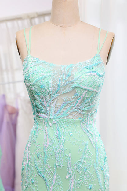 Light Green Mermaid Lace-Up Back Sequins Prom Dress with Slit Beautiful